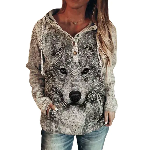 Women's Animal Wolf Print Casual Hoodie Grey - Shop at LoveMi