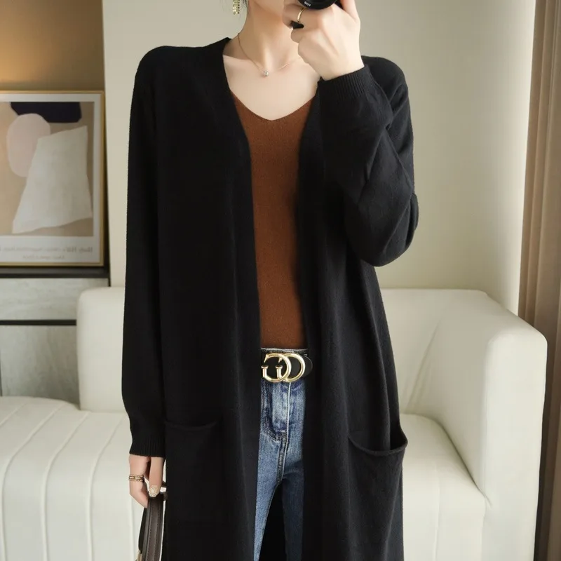 No Buckle Lazy Wind Fashion Long Cardigan Knitted Coat Women Black - Shop at LoveMi