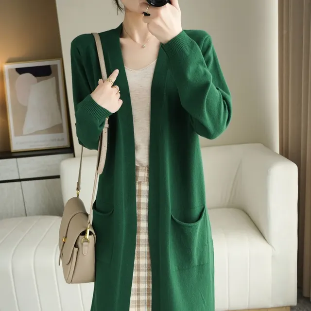 No Buckle Lazy Wind Fashion Long Cardigan Knitted Coat Women Blackish Green - Shop at LoveMi
