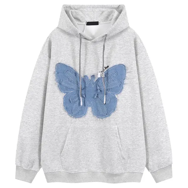 Retro Patch Denim Butterfly Flower Hooded Sweatshirt Grey - Shop at LoveMi