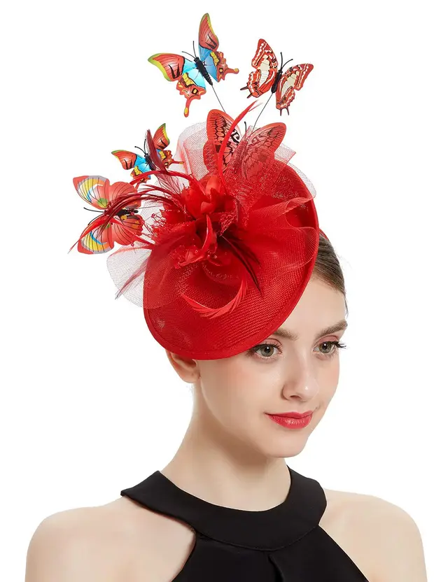 Tea Party Hat Three dimensional Colorful Butterfly Charm Red - Shop at LoveMi