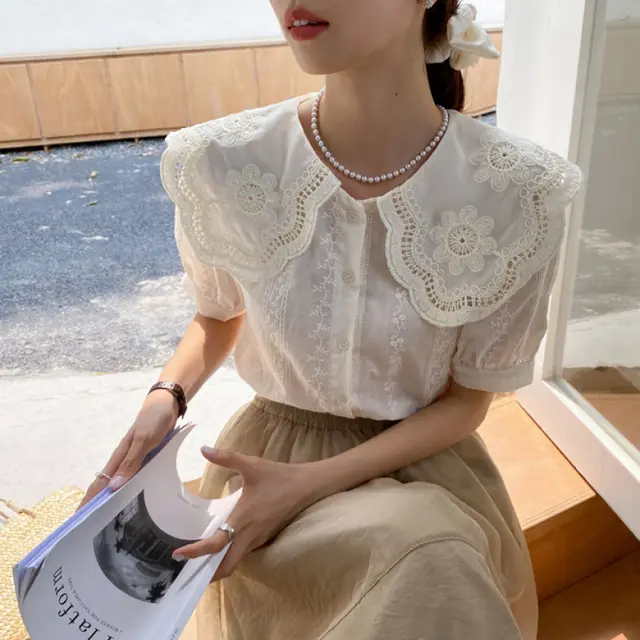 Korean Embroidery Age reducing Lace Collar Short sleeved Shirt White - Shop at LoveMi