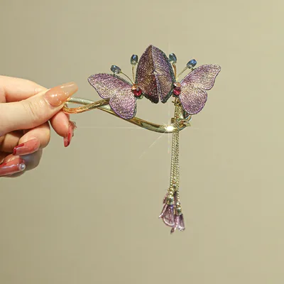 Super Fairy Embroidered Butterfly Hair Clip Temperament Tassel Purple - Shop at LoveMi