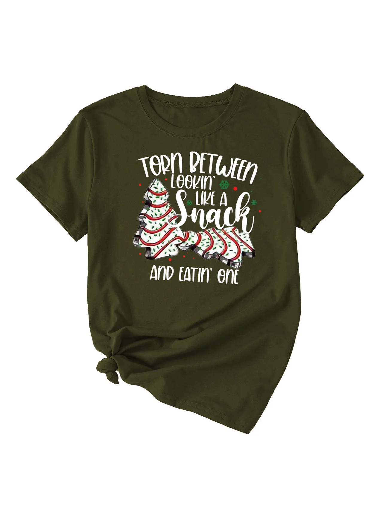 Simple Pattern Printing Ladies Round Neck Short Sleeve Tops - Army Green White Color - View 1