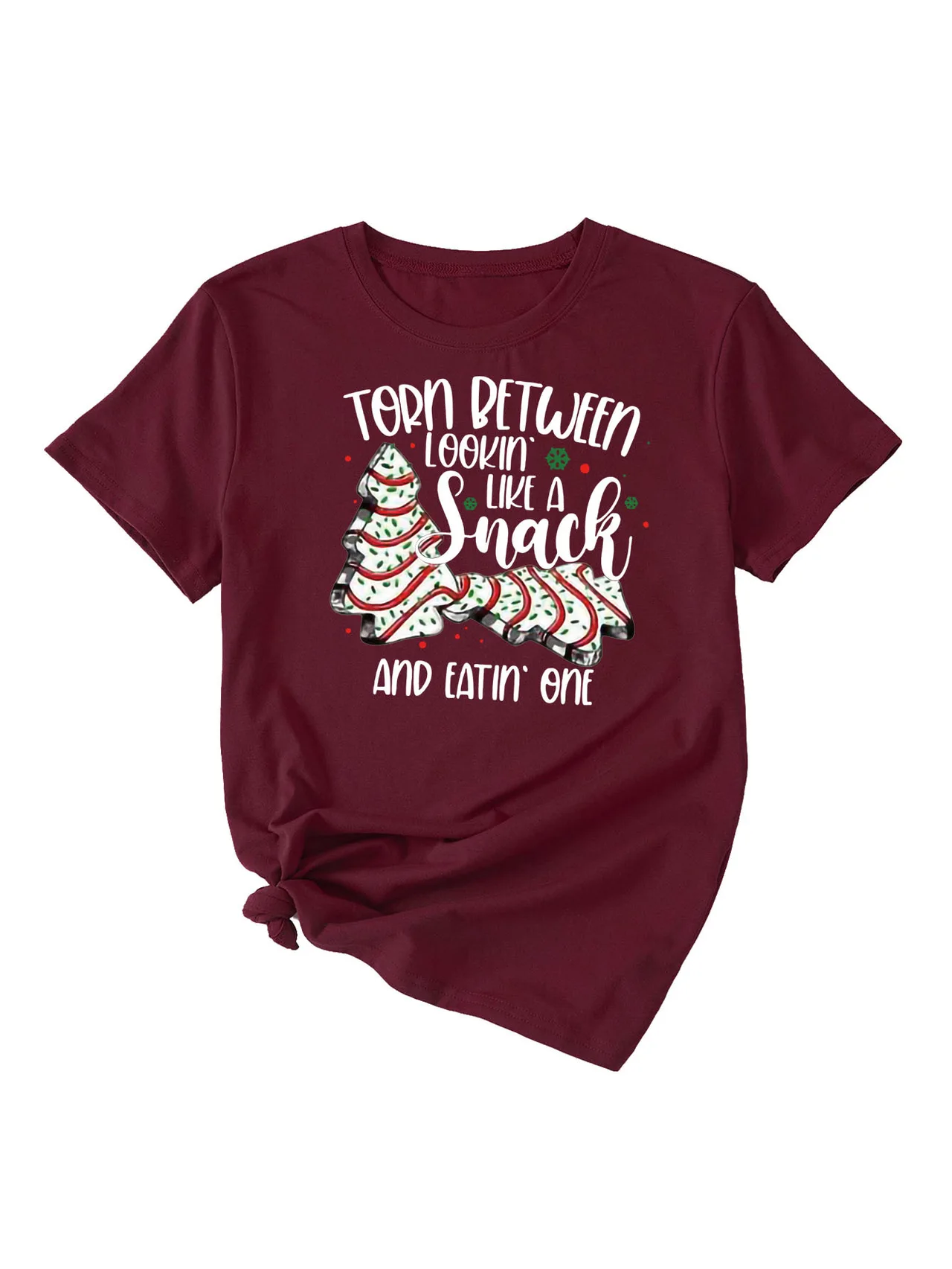 Simple Pattern Printing Ladies Round Neck Short Sleeve Tops - Burgundy White Color