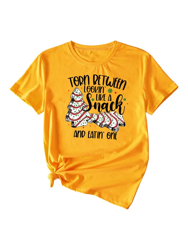 Simple Pattern Printing Ladies Round Neck Short Sleeve Tops Mustard Yellow Black Color - Shop at LoveMi