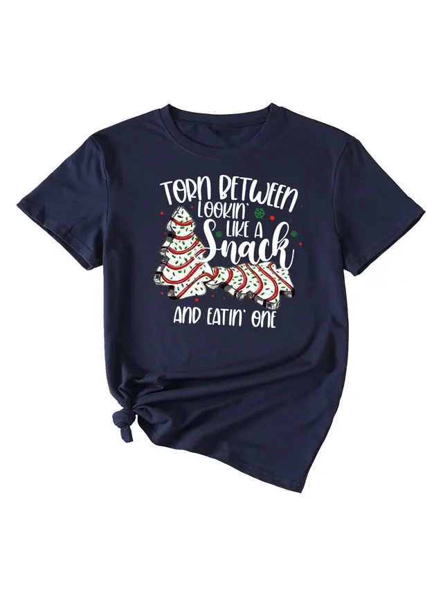 Simple Pattern Printing Ladies Round Neck Short Sleeve Tops Navy Blue White Color - Shop at LoveMi