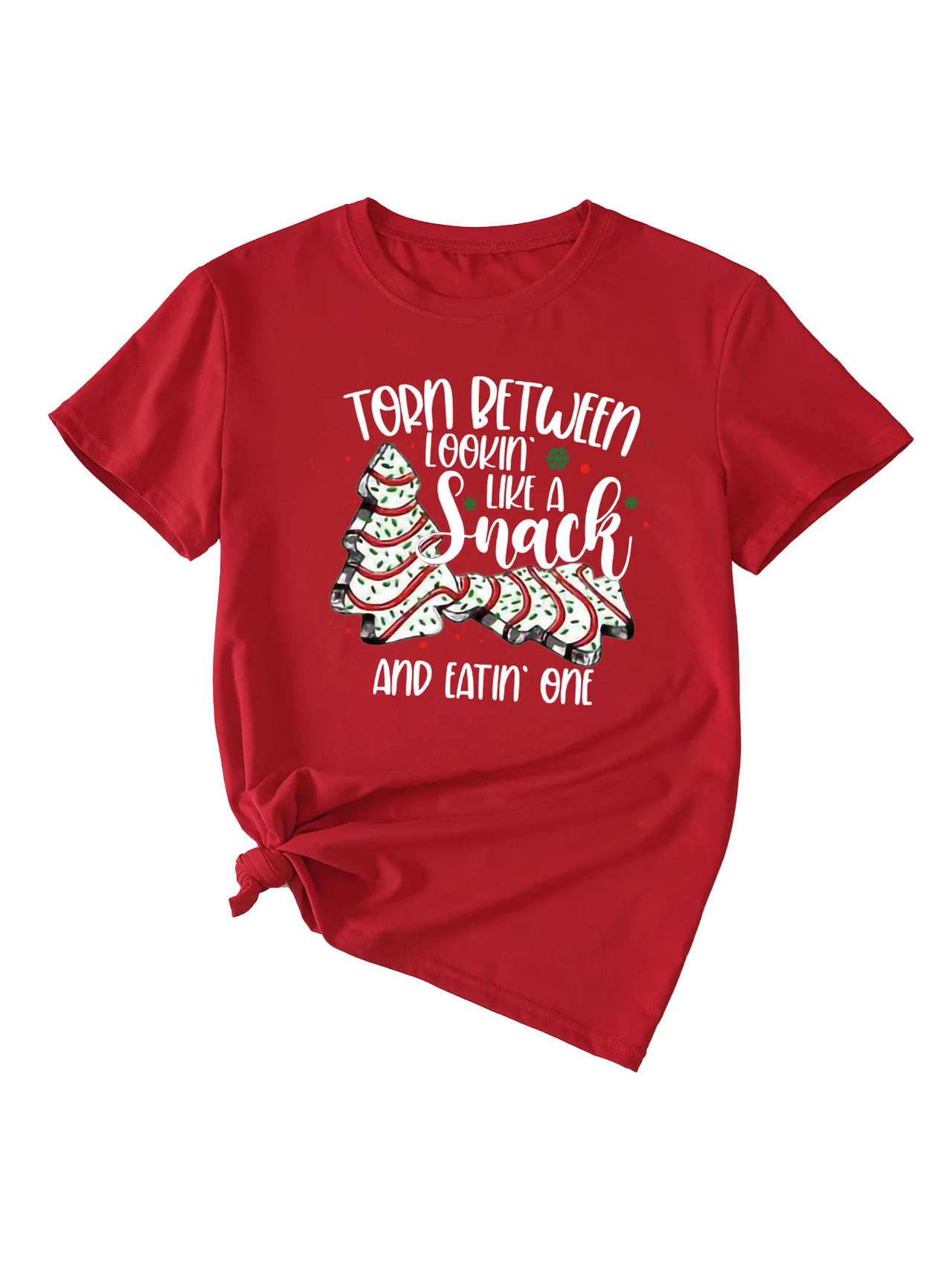 Simple Pattern Printing Ladies Round Neck Short Sleeve Tops - Red White Color