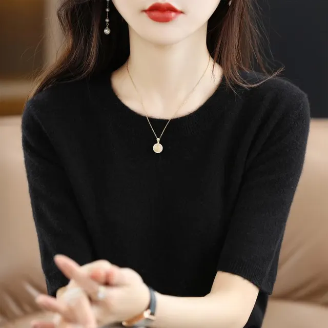 Knitted Short sleeved Loose T shirt Inner Sweater Black - Shop at LoveMi