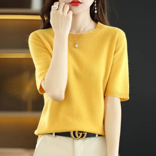 Knitted Short sleeved Loose T shirt Inner Sweater Turmeric - Shop at LoveMi