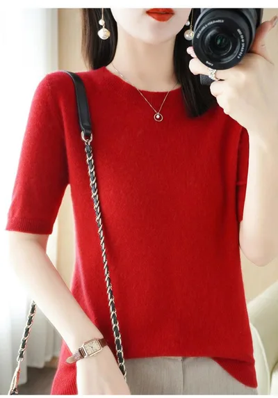 Knitted Short sleeved Loose T shirt Inner Sweater Wine Red - Shop at LoveMi