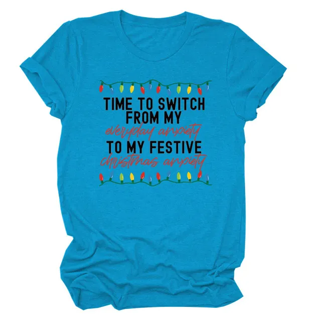 Pattern Printing Casual Short sleeved T shirt Women's Tops Lake Blue Black Color - Shop at LoveMi