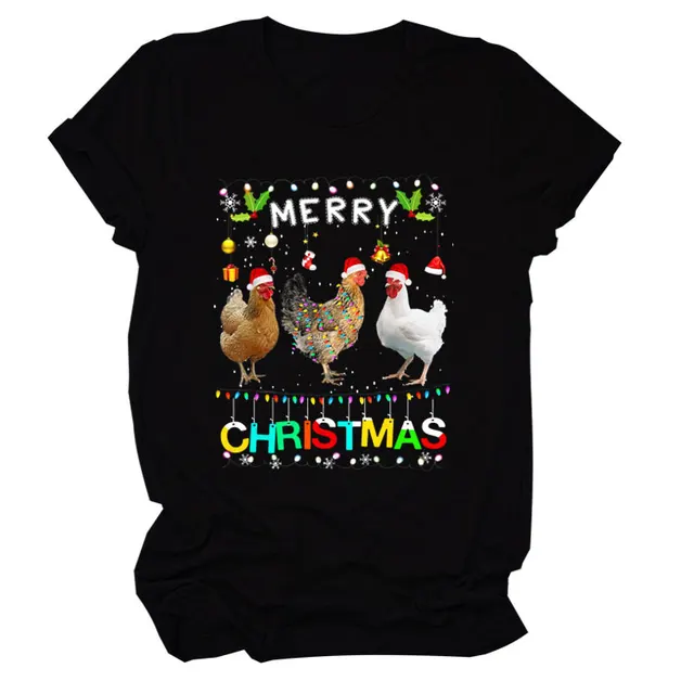 Europe And The United States Christmas Printed Casual Ladies Short-sleeved T-shirt - Black Color - View 1