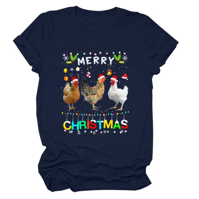 Europe And The United States Christmas Printed Casual Ladies Short sleeved T shirt Navy Blue Color - Shop at LoveMi