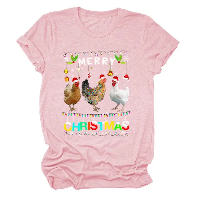 Europe And The United States Christmas Printed Casual Ladies Short sleeved T shirt Pink Color - Shop at LoveMi