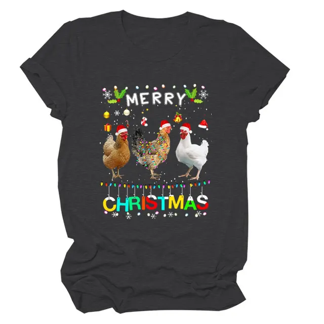 Europe And The United States Christmas Printed Casual Ladies Short sleeved T shirt Black Linen Gray Color - Shop at LoveMi