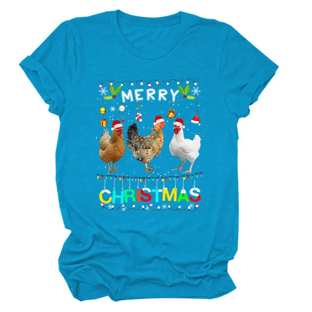 Europe And The United States Christmas Printed Casual Ladies Short sleeved T shirt Lake Blue Color - Shop at LoveMi