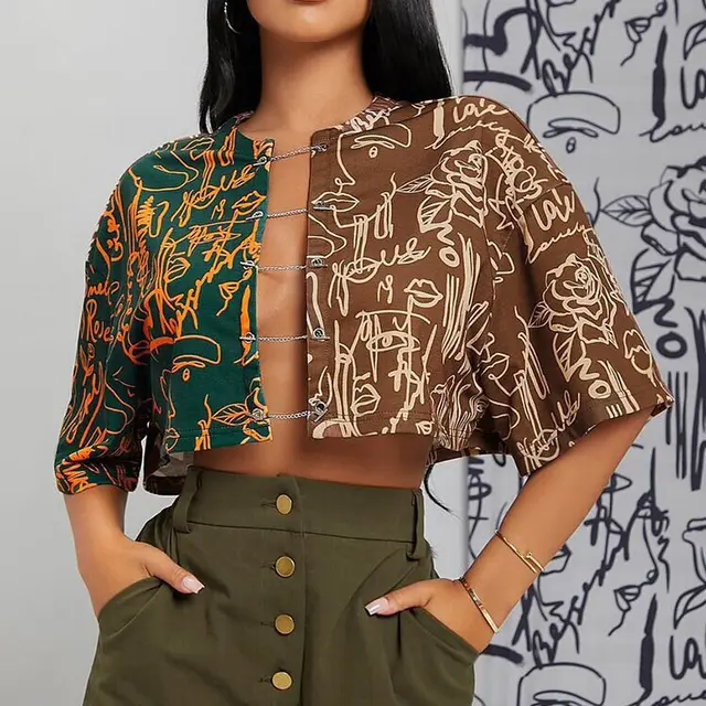 Collision Elements Print Sexy Navel Streetwear Cardigan Tops Green - Shop at LoveMi