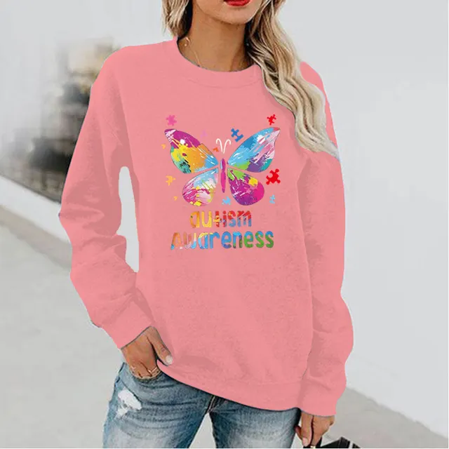 Women's Butterfly Print Long Sleeve Hoodless Round Neck Sweatshirt Pink - Shop at LoveMi
