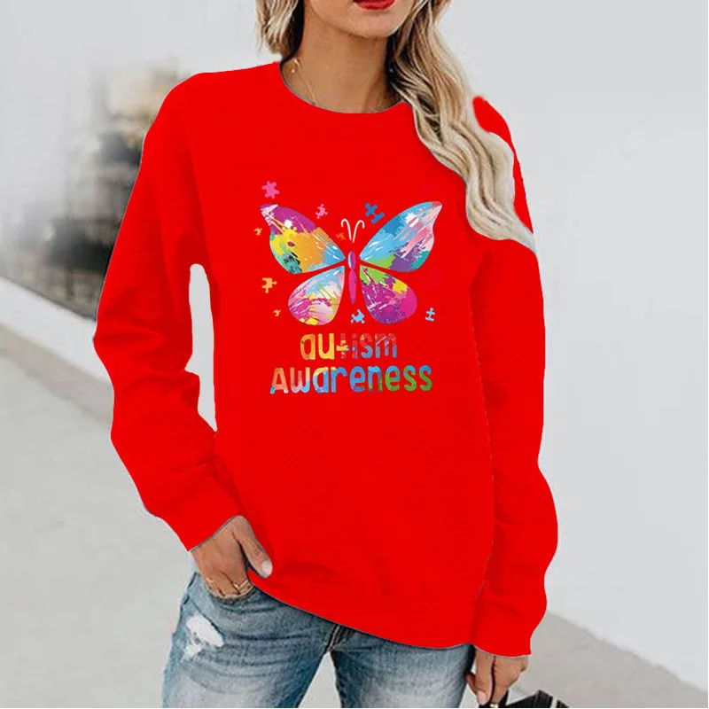 Women's Butterfly Print Long Sleeve Hoodless Round Neck Sweatshirt - Red