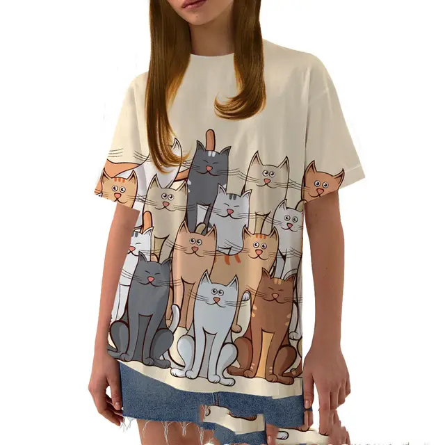 Ladies Casual Short Sleeve T shirt Retro Color Painted Cat 3D Print Tx040817 - Shop at LoveMi