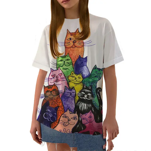 Ladies Casual Short Sleeve T shirt Retro Color Painted Cat 3D Print Tx040818 - Shop at LoveMi