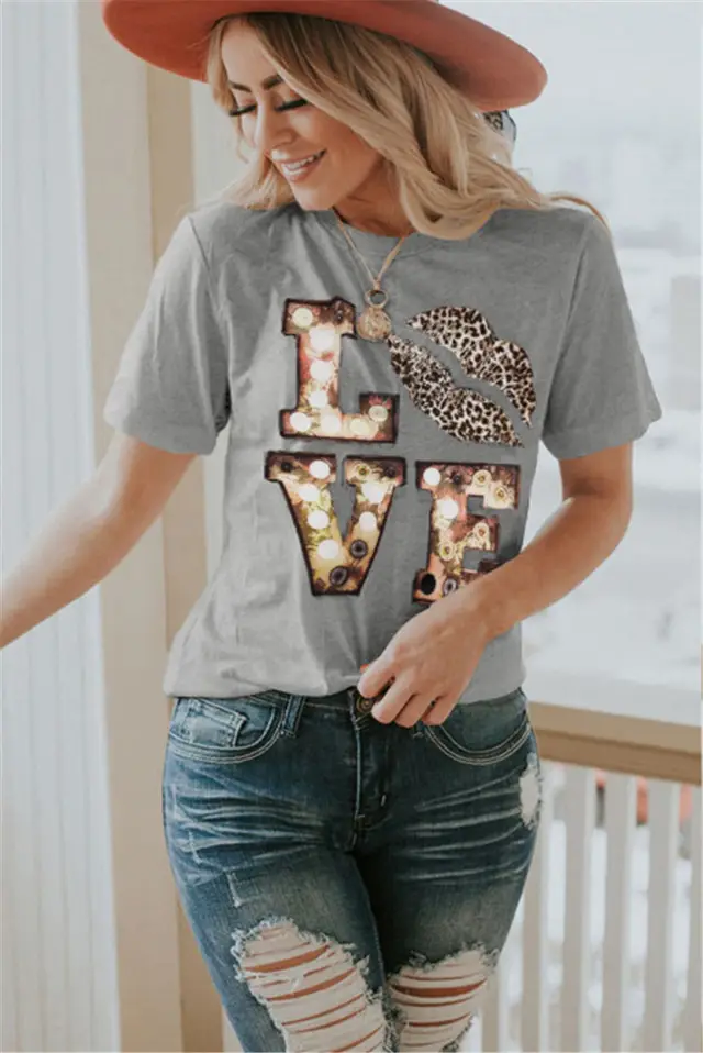 Women's Short Sleeve Leopard Print Lips Round Neck Print T shirt Gray - Shop at LoveMi