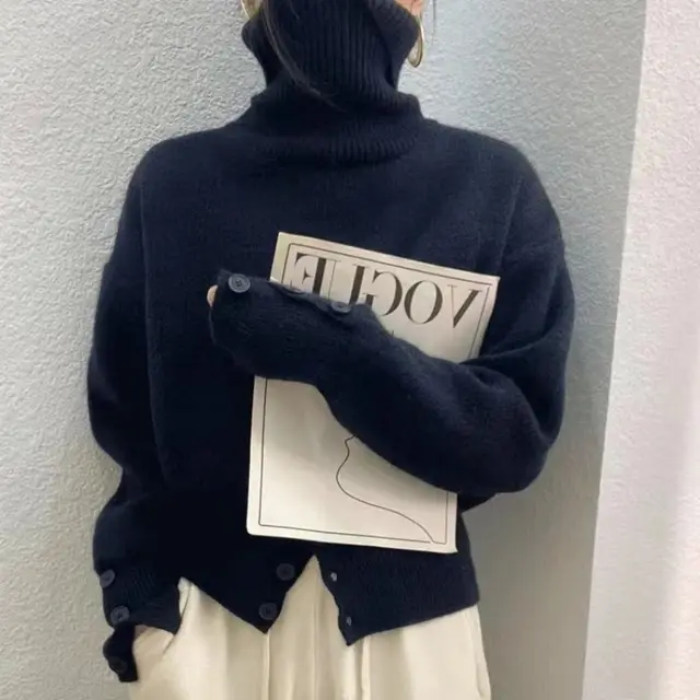 White Turtleneck Sweater Pullover Button Black - Shop at LoveMi