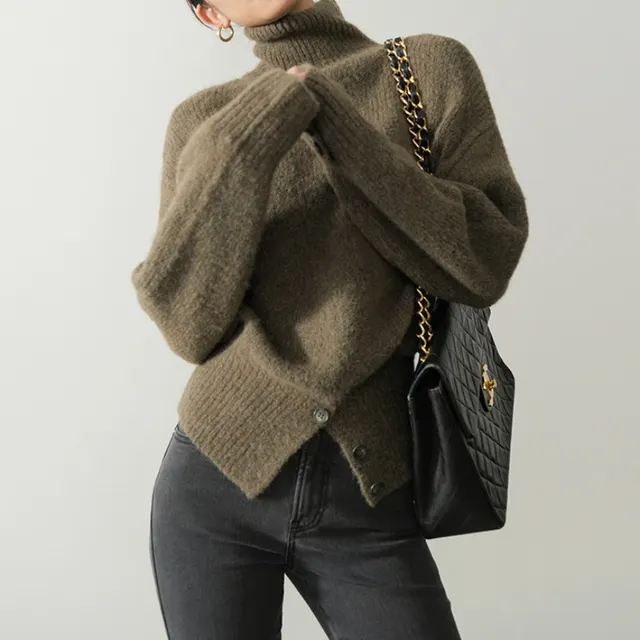 White Turtleneck Sweater Pullover Button Green - Shop at LoveMi