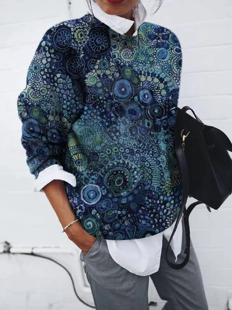 Ladies Fashion Brushed Geometric Print Loose Long Sleeve Hoodie Blue - Shop at LoveMi