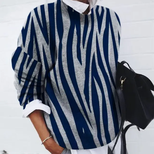 Ladies Fashion Brushed Geometric Print Loose Long Sleeve Hoodie Stripe - Shop at LoveMi
