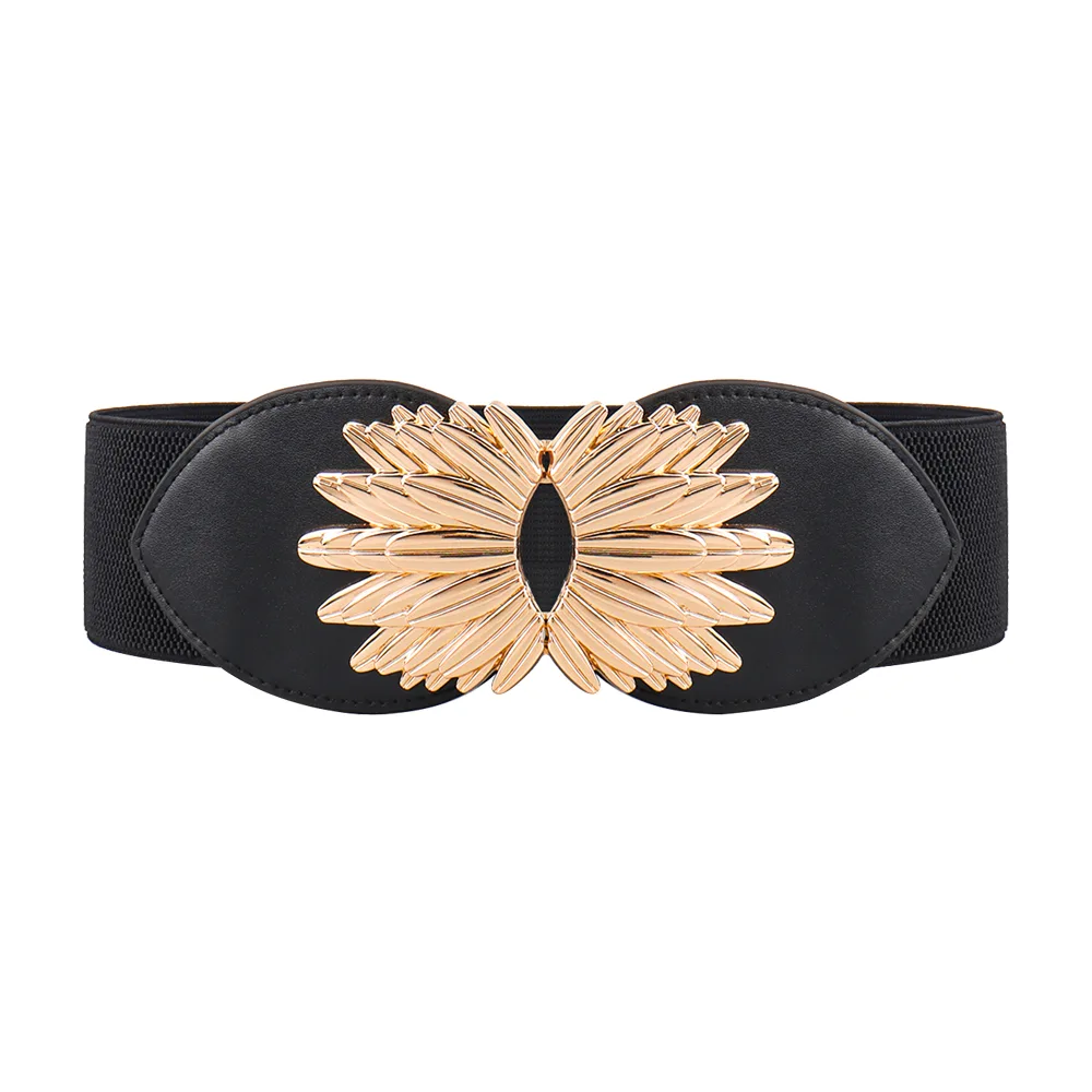 New Autumn Winter Black Elastic Waistband Sunflower Alloy Buckle Waist Cover All Match Slim Elegant Design Decorative Coat Black - Shop at LoveMi
