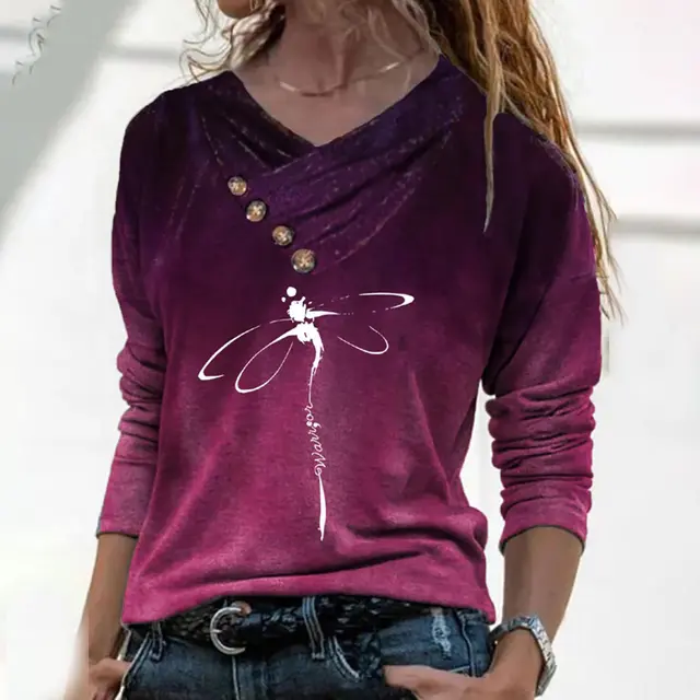 Stripe Positioning Print Button Discount V Neck Pullover Fashion Autumn Winter Top Dark Purple - Shop at LoveMi