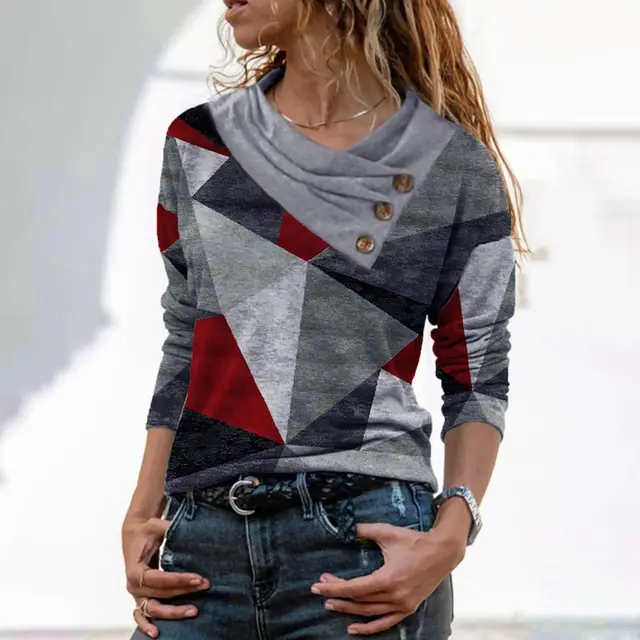 Stripe Positioning Print Button Discount V Neck Pullover Fashion Autumn Winter Top Wine Red - Shop at LoveMi