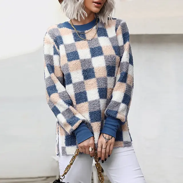 Women Retro Geometric Grid Printing Elegant Knitted Blue - Shop at LoveMi