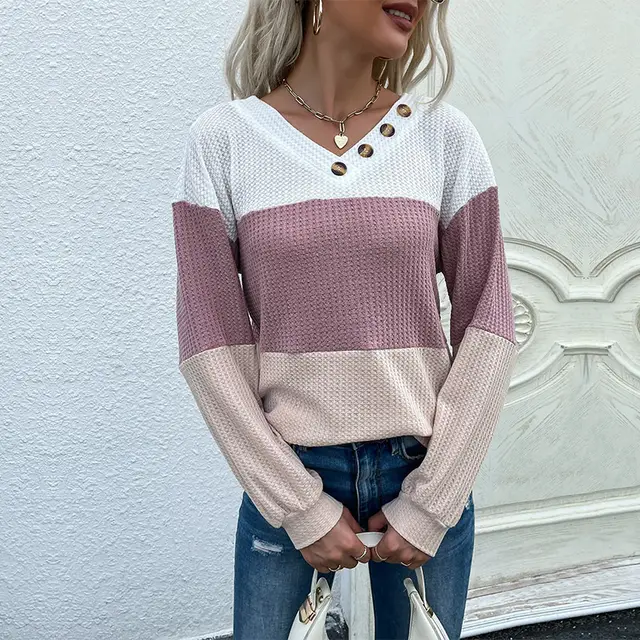 Pullover Color Blocking V neck Waffle Knit For Women Pink - Shop at LoveMi