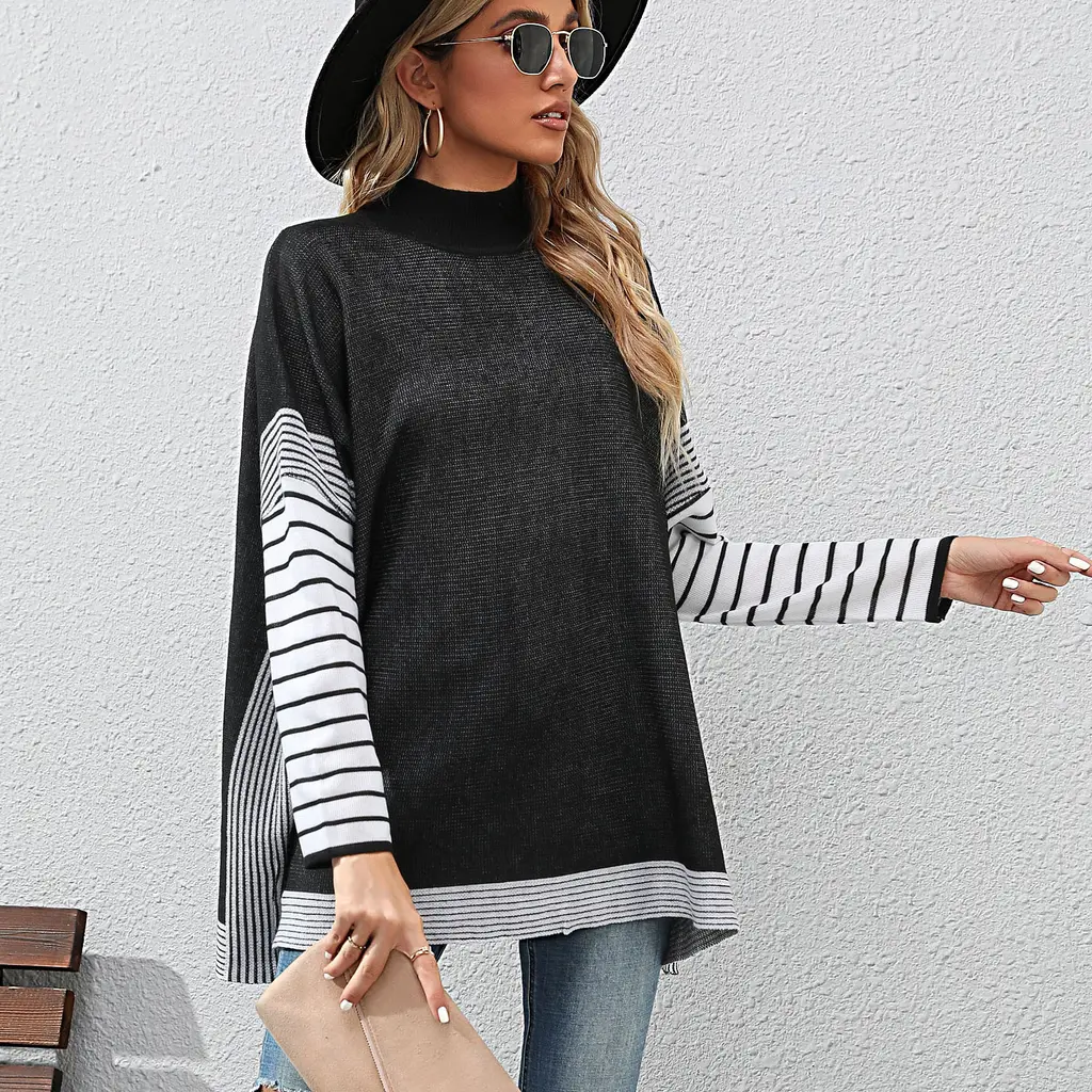 New Women's Bat Sleeve Stripe Half High Neck Sweater - Black