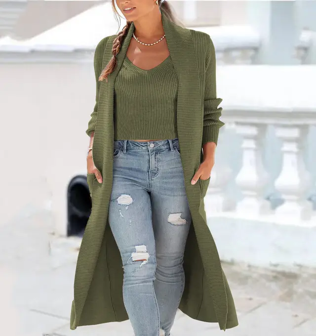 New Cardigan Trench Coat Knitted Loose Sweater Vest Suit Military Green - Shop at LoveMi