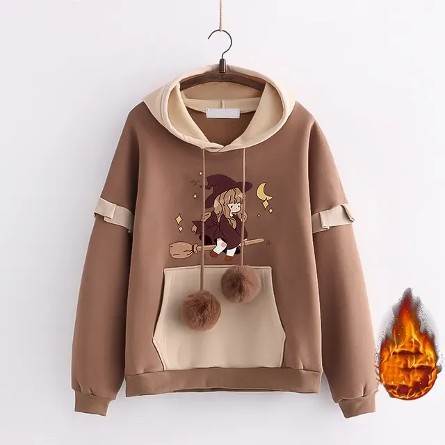Loose Versatile Hooded Jacket For Junior High School Students In Autumn And Winter Coffee Angel Broom Girl Plush - Shop at LoveMi
