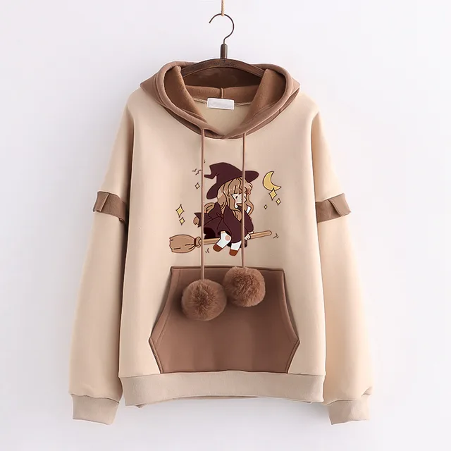 Loose Versatile Hooded Jacket For Junior High School Students In Autumn And Winter Khaki Broom Witch Thin - Shop at LoveMi