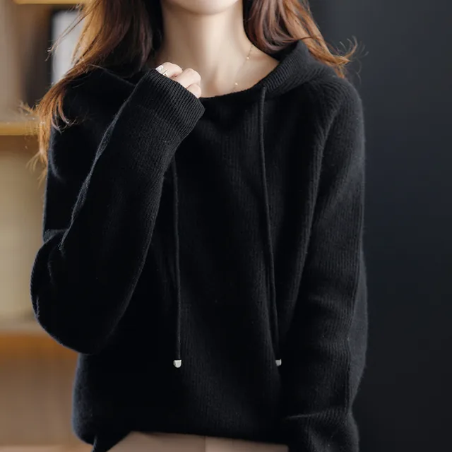 Hooded Cashmere Sweater Women's Pullover Loose Short Hooded Sweater Black - Shop at LoveMi