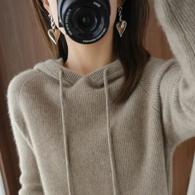 Hooded Cashmere Sweater Women's Pullover Loose Short Hooded Sweater Dark Camel - Shop at LoveMi