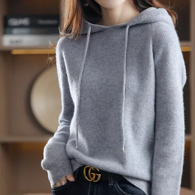 Hooded Cashmere Sweater Women's Pullover Loose Short Hooded Sweater Light Grey - Shop at LoveMi