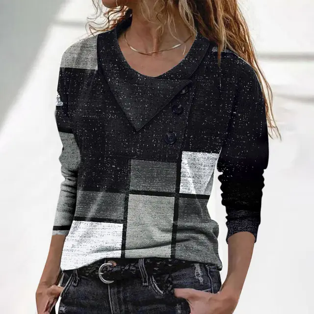 Crossover Collar Button Print Long sleeved T shirt Clothing Black - Shop at LoveMi
