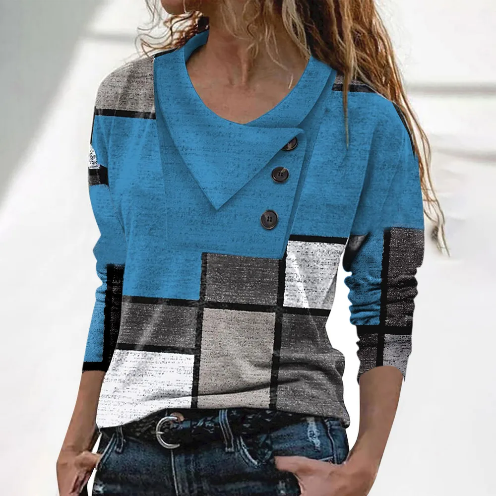 Crossover Collar Button Print Long sleeved T shirt Clothing Blue - Shop at LoveMi