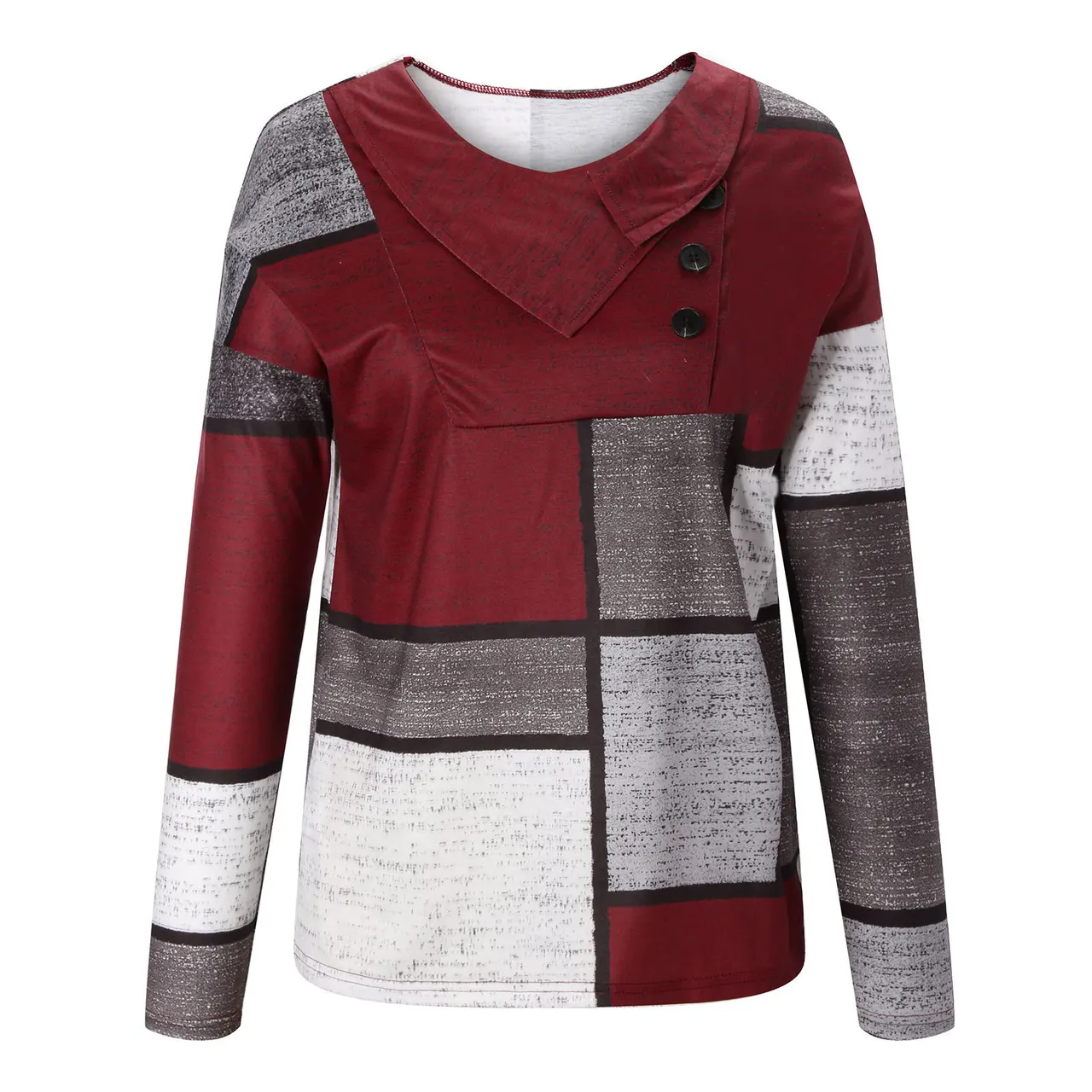 Crossover Collar Button Print Long-sleeved T-shirt Clothing - Wine Red