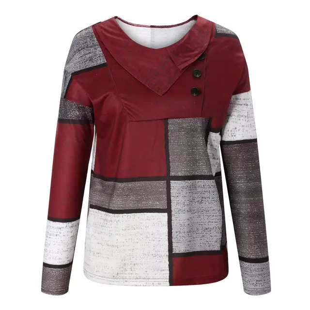 Crossover Collar Button Print Long sleeved T shirt Clothing Wine Red - Shop at LoveMi
