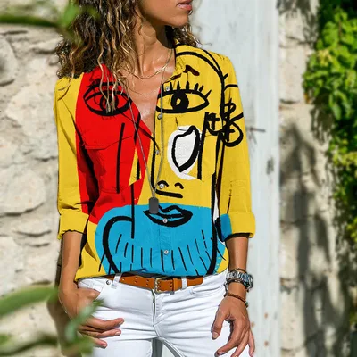 Loose Casual Comfortable Women's Long Sleeve Shirt 4Patterna313 S - Shop at LoveMi