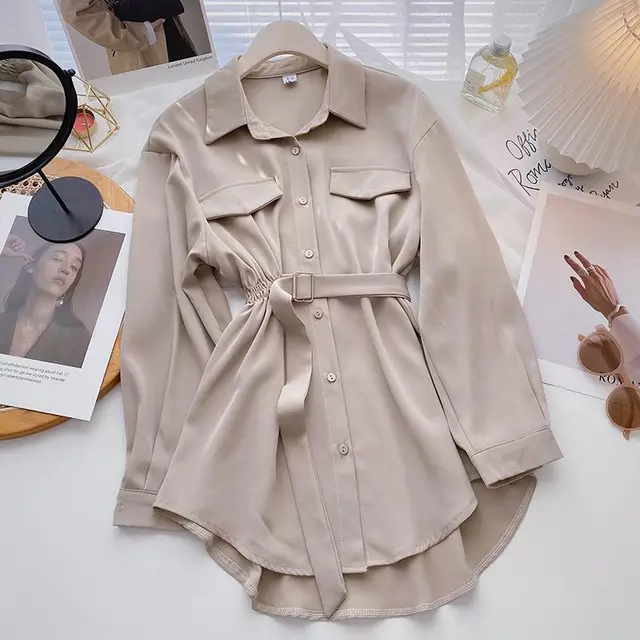 Small Design Lace Up Shirt Dress Apricot - Shop at LoveMi