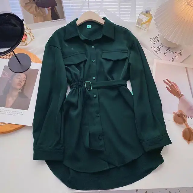 Small Design Lace Up Shirt Dress Dark Green - Shop at LoveMi